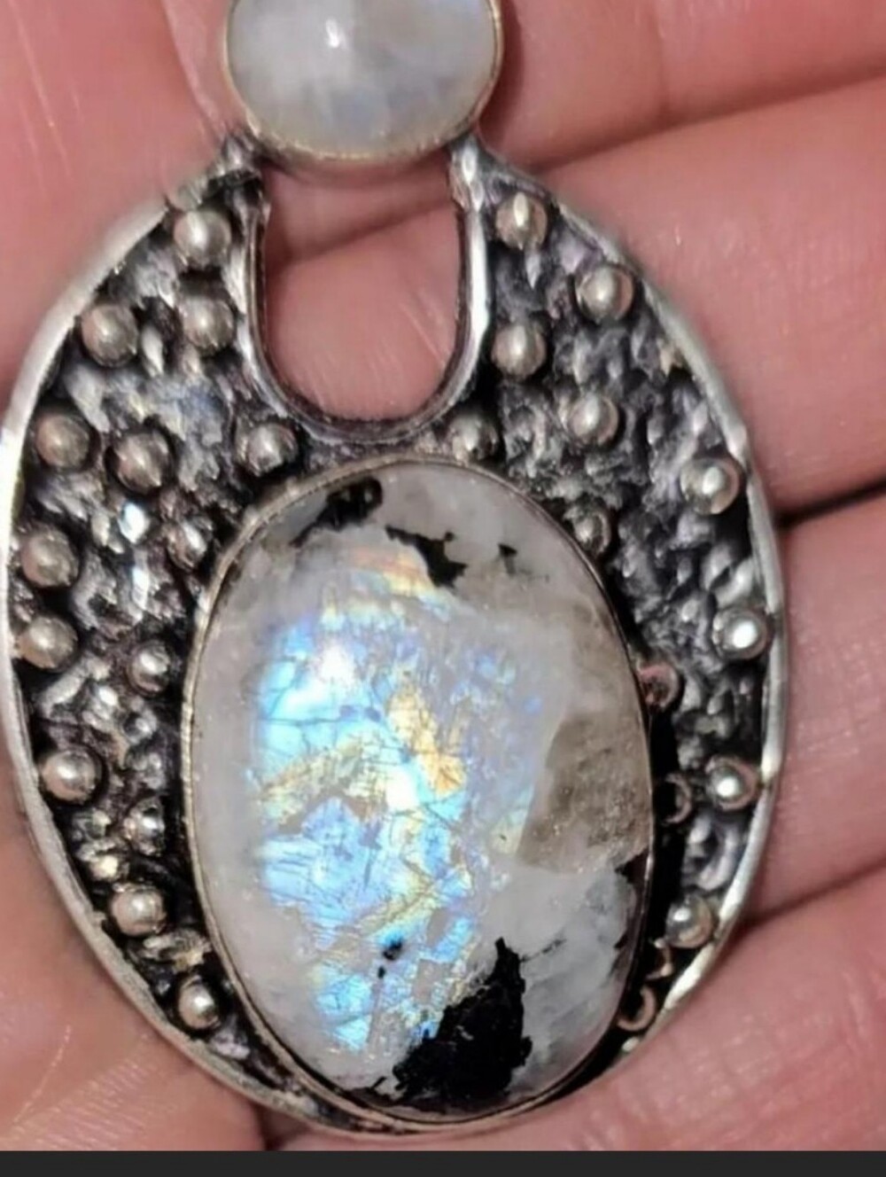 NEW🌙925 Solid Sterling Silver Rainbow Moonstone Oval Pendant OOAK VERY FLASHY✨️